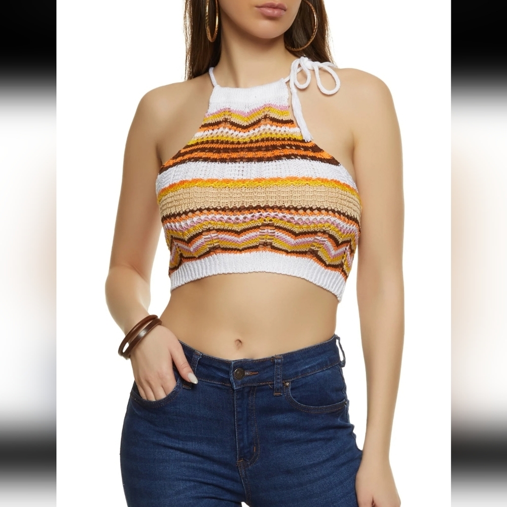 Crochet Tie Strap High Neck Top